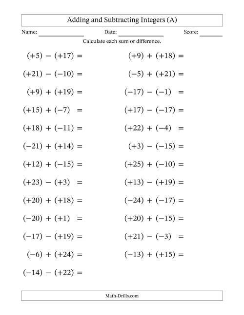 The Adding and Subtracting Mixed Integers from -25 to 25 (25 Questions; Large Print; All Parentheses) (A) Math Worksheet