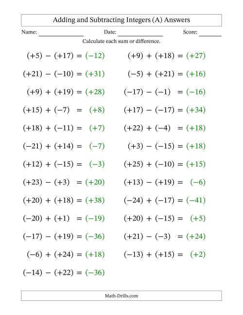 The Adding and Subtracting Mixed Integers from -25 to 25 (25 Questions; Large Print; All Parentheses) (A) Math Worksheet Page 2