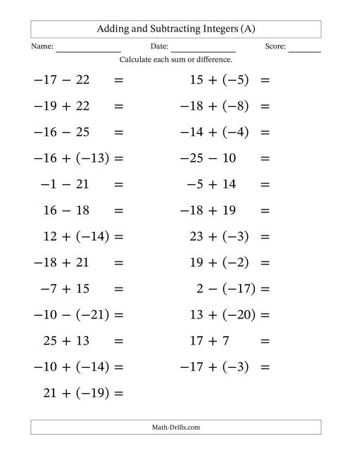 The Adding and Subtracting Mixed Integers from -25 to 25 (25 Questions; Large Print) (A) Math Worksheet