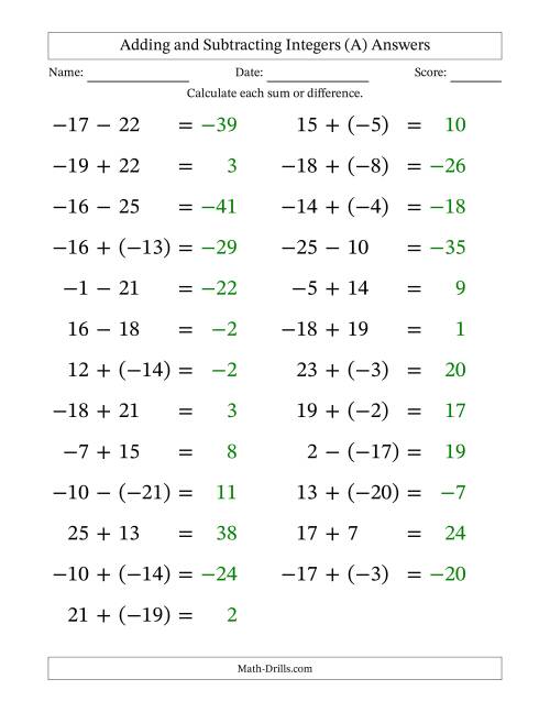The Adding and Subtracting Mixed Integers from -25 to 25 (25 Questions; Large Print) (A) Math Worksheet Page 2