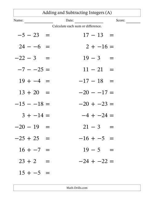 The Adding and Subtracting Mixed Integers from -25 to 25 (25 Questions; Large Print; No Parentheses) (A) Math Worksheet