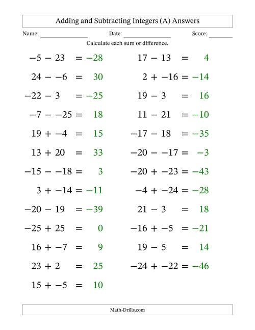 The Adding and Subtracting Mixed Integers from -25 to 25 (25 Questions; Large Print; No Parentheses) (A) Math Worksheet Page 2