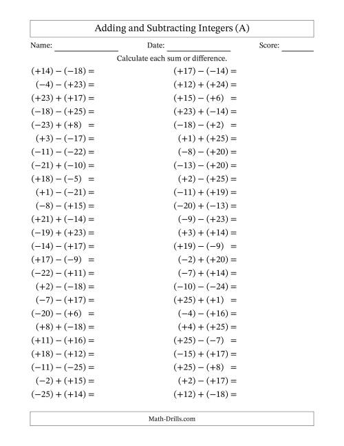 The Adding and Subtracting Mixed Integers from -25 to 25 (50 Questions; All Parentheses) (A) Math Worksheet