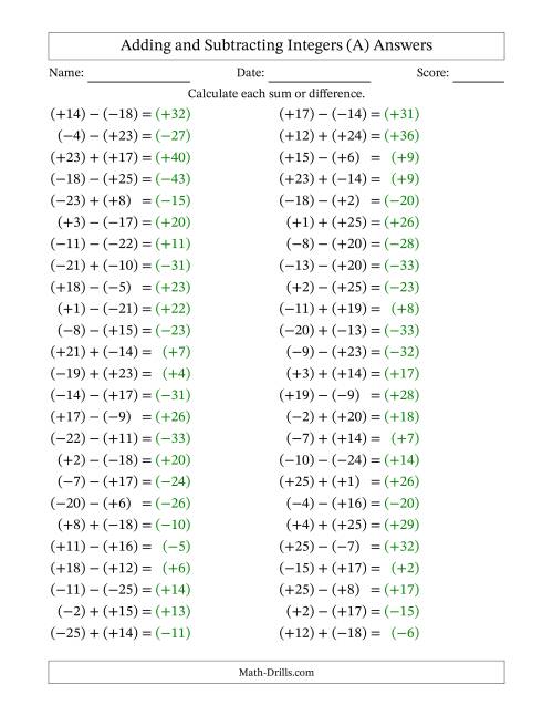 The Adding and Subtracting Mixed Integers from -25 to 25 (50 Questions; All Parentheses) (A) Math Worksheet Page 2