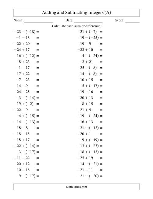 The Adding and Subtracting Mixed Integers from -25 to 25 (50 Questions) (A) Math Worksheet
