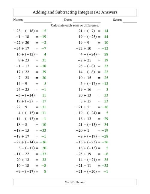 The Adding and Subtracting Mixed Integers from -25 to 25 (50 Questions) (A) Math Worksheet Page 2