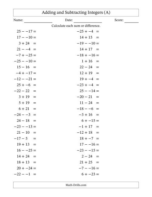 The Adding and Subtracting Mixed Integers from -25 to 25 (50 Questions; No Parentheses) (A) Math Worksheet