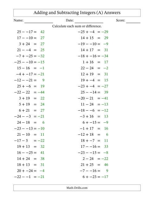 The Adding and Subtracting Mixed Integers from -25 to 25 (50 Questions; No Parentheses) (A) Math Worksheet Page 2