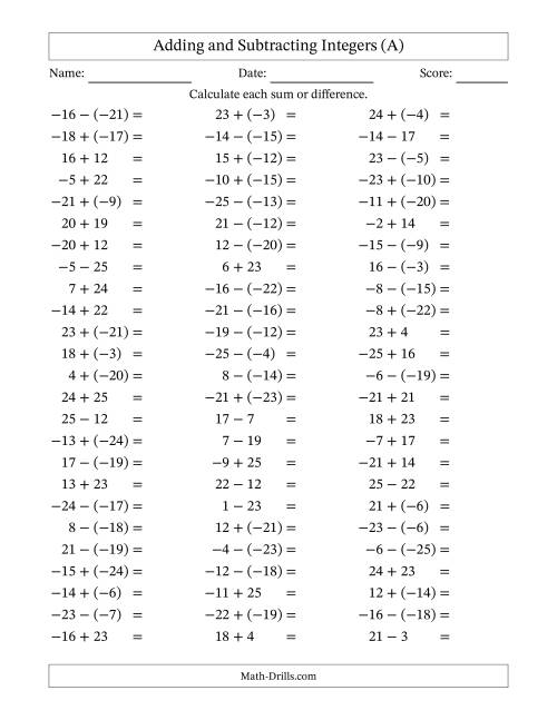 The Adding and Subtracting Mixed Integers from -25 to 25 (75 Questions) (A) Math Worksheet