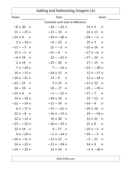 The Adding and Subtracting Mixed Integers from -25 to 25 (75 Questions; No Parentheses) (A) Math Worksheet