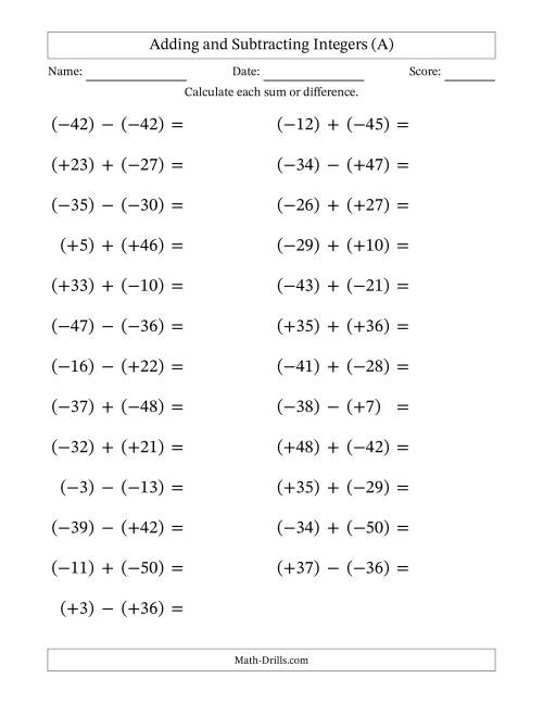The Adding and Subtracting Mixed Integers from -50 to 50 (25 Questions; Large Print; All Parentheses) (A) Math Worksheet
