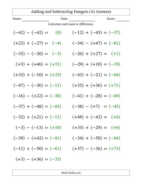 The Adding and Subtracting Mixed Integers from -50 to 50 (25 Questions; Large Print; All Parentheses) (A) Math Worksheet Page 2