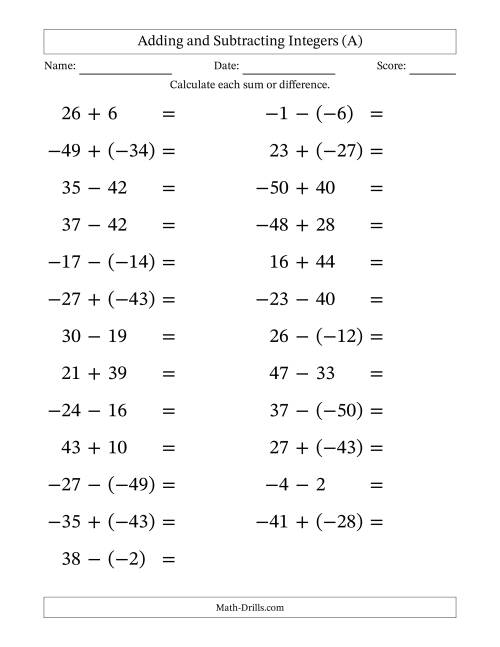 The Adding and Subtracting Mixed Integers from -50 to 50 (25 Questions; Large Print) (A) Math Worksheet