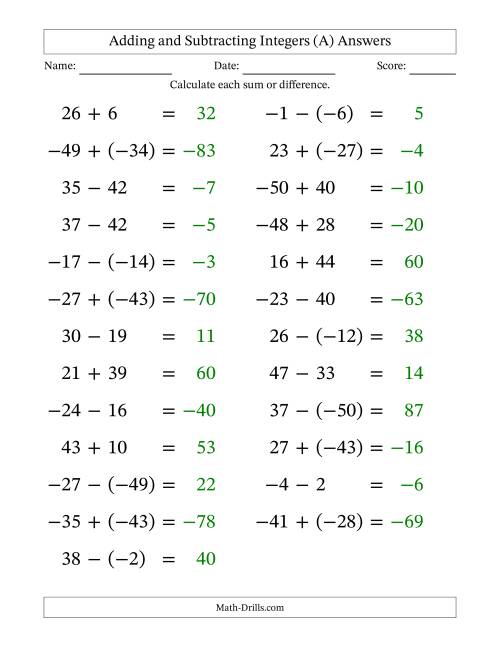 The Adding and Subtracting Mixed Integers from -50 to 50 (25 Questions; Large Print) (A) Math Worksheet Page 2