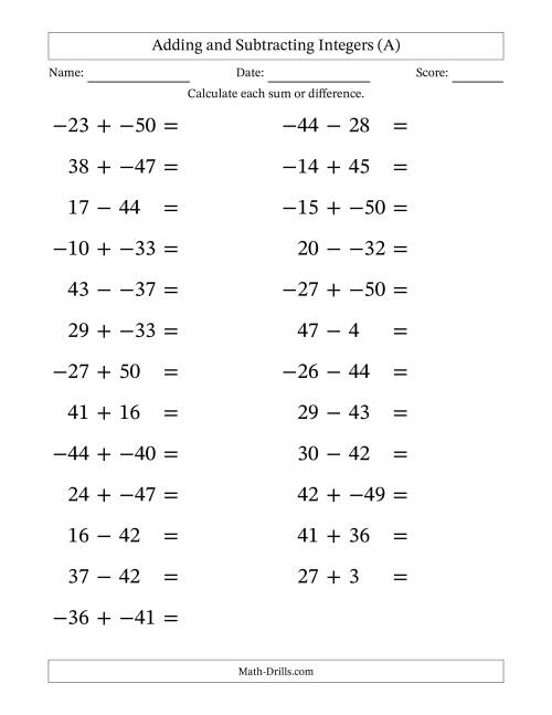 The Adding and Subtracting Mixed Integers from -50 to 50 (25 Questions; Large Print; No Parentheses) (A) Math Worksheet