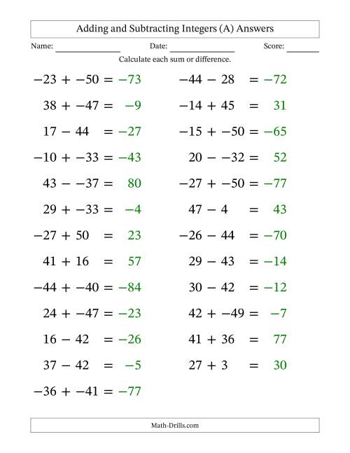 The Adding and Subtracting Mixed Integers from -50 to 50 (25 Questions; Large Print; No Parentheses) (A) Math Worksheet Page 2