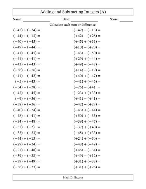 The Adding and Subtracting Mixed Integers from -50 to 50 (50 Questions; All Parentheses) (A) Math Worksheet
