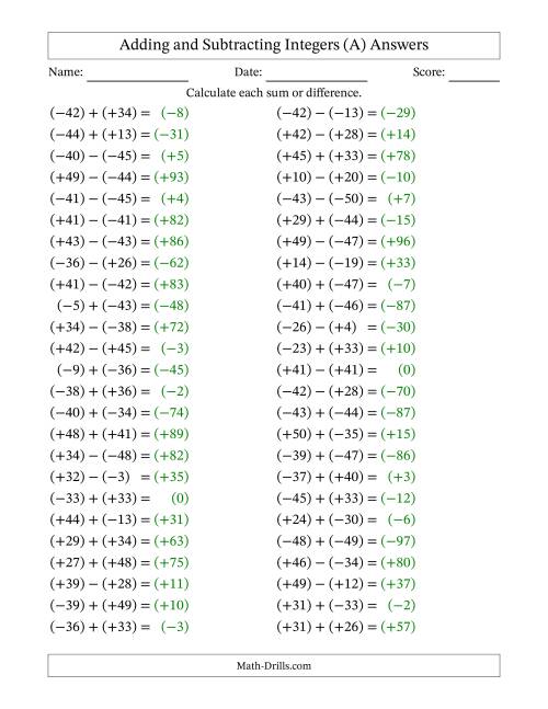 The Adding and Subtracting Mixed Integers from -50 to 50 (50 Questions; All Parentheses) (A) Math Worksheet Page 2