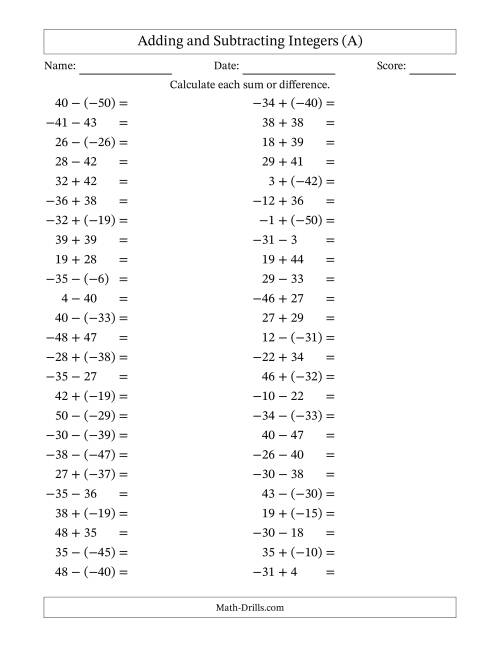 The Adding and Subtracting Mixed Integers from -50 to 50 (50 Questions) (A) Math Worksheet
