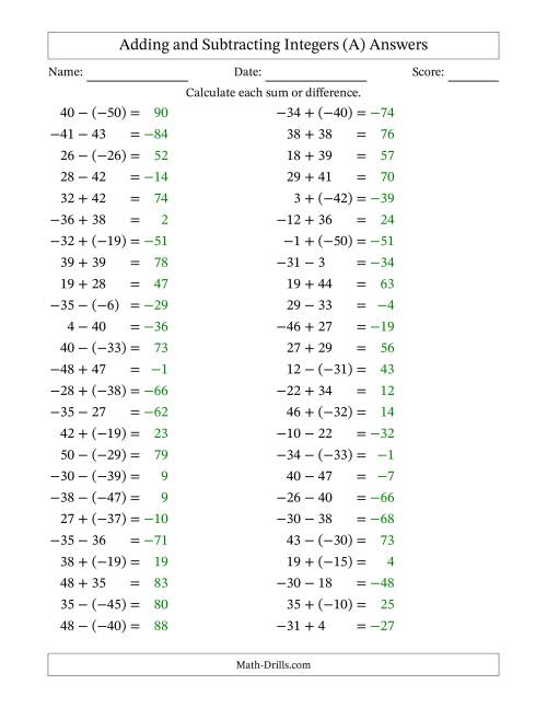 The Adding and Subtracting Mixed Integers from -50 to 50 (50 Questions) (A) Math Worksheet Page 2
