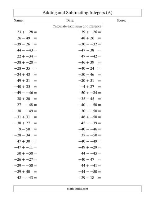The Adding and Subtracting Mixed Integers from -50 to 50 (50 Questions; No Parentheses) (A) Math Worksheet