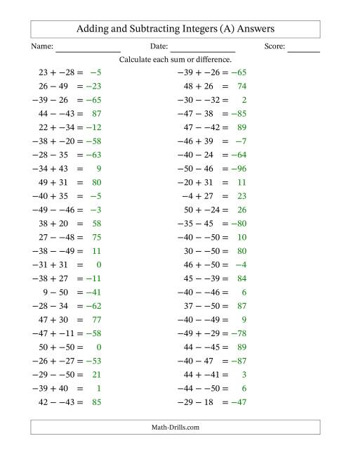 The Adding and Subtracting Mixed Integers from -50 to 50 (50 Questions; No Parentheses) (A) Math Worksheet Page 2