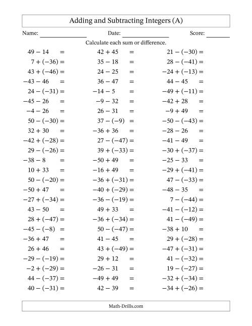 The Adding and Subtracting Mixed Integers from -50 to 50 (75 Questions) (A) Math Worksheet