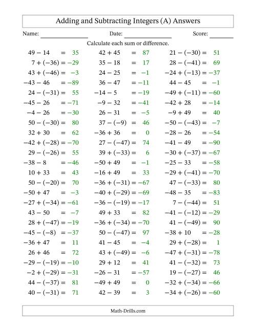 The Adding and Subtracting Mixed Integers from -50 to 50 (75 Questions) (A) Math Worksheet Page 2