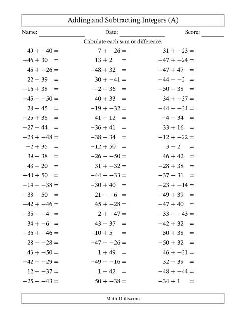 The Adding and Subtracting Mixed Integers from -50 to 50 (75 Questions; No Parentheses) (A) Math Worksheet