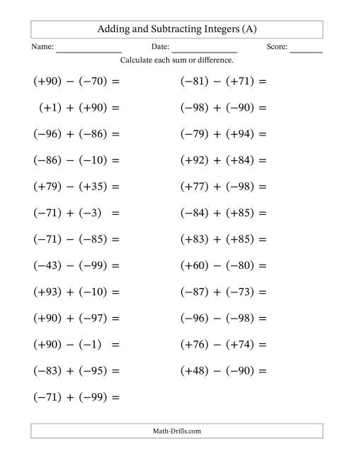 The Adding and Subtracting Mixed Integers from -99 to 99 (25 Questions; Large Print; All Parentheses) (A) Math Worksheet