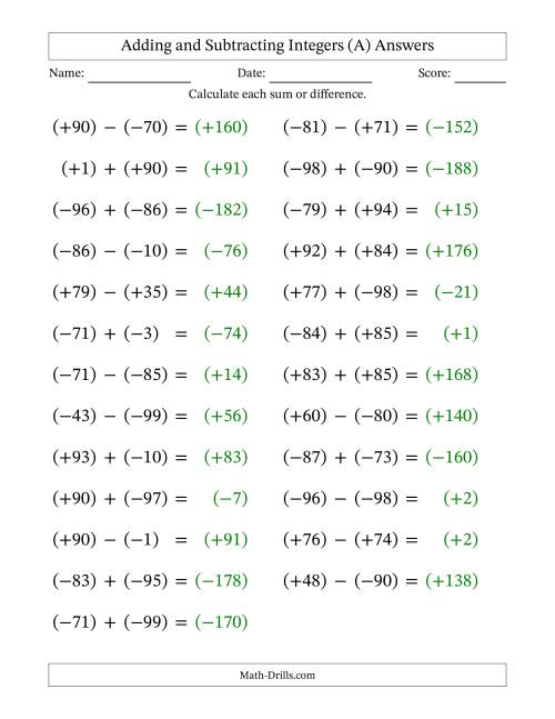 The Adding and Subtracting Mixed Integers from -99 to 99 (25 Questions; Large Print; All Parentheses) (A) Math Worksheet Page 2