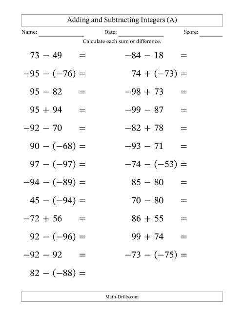 The Adding and Subtracting Mixed Integers from -99 to 99 (25 Questions; Large Print) (A) Math Worksheet