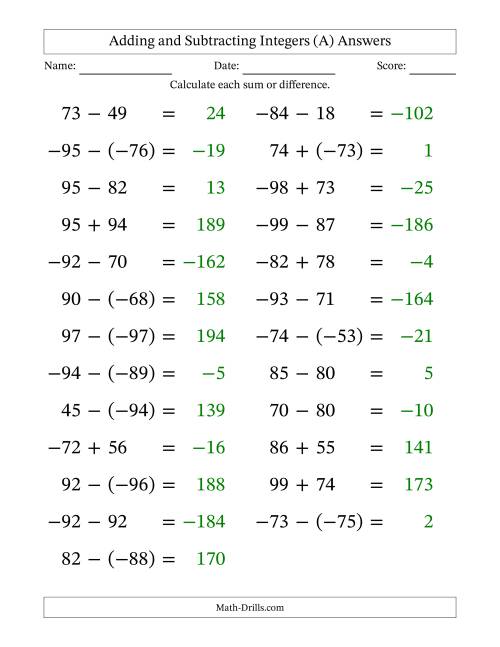 The Adding and Subtracting Mixed Integers from -99 to 99 (25 Questions; Large Print) (A) Math Worksheet Page 2