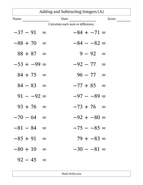 The Adding and Subtracting Mixed Integers from -99 to 99 (25 Questions; Large Print; No Parentheses) (A) Math Worksheet