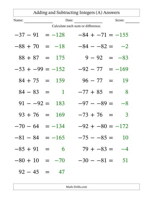 The Adding and Subtracting Mixed Integers from -99 to 99 (25 Questions; Large Print; No Parentheses) (A) Math Worksheet Page 2