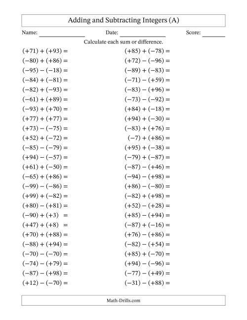 The Adding and Subtracting Mixed Integers from -99 to 99 (50 Questions; All Parentheses) (A) Math Worksheet