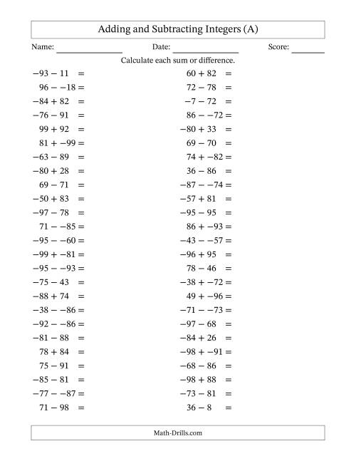 The Adding and Subtracting Mixed Integers from -99 to 99 (50 Questions; No Parentheses) (A) Math Worksheet