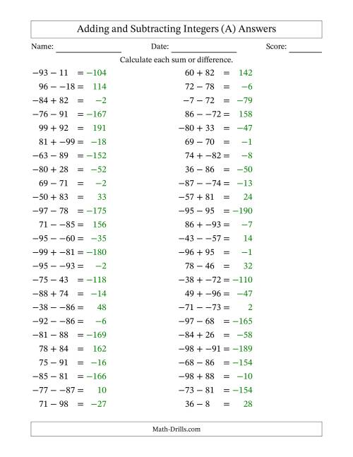 The Adding and Subtracting Mixed Integers from -99 to 99 (50 Questions; No Parentheses) (A) Math Worksheet Page 2