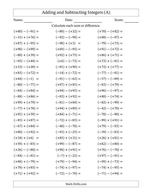 The Adding and Subtracting Mixed Integers from -99 to 99 (75 Questions; All Parentheses) (A) Math Worksheet
