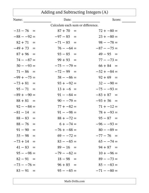 The Adding and Subtracting Mixed Integers from -99 to 99 (75 Questions; No Parentheses) (A) Math Worksheet