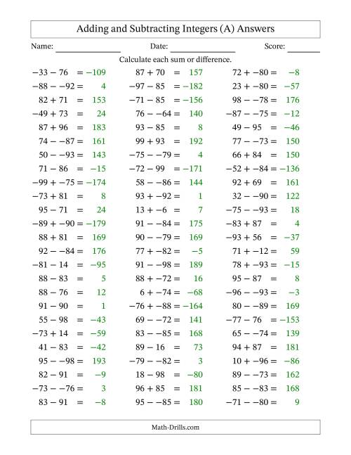 The Adding and Subtracting Mixed Integers from -99 to 99 (75 Questions; No Parentheses) (A) Math Worksheet Page 2