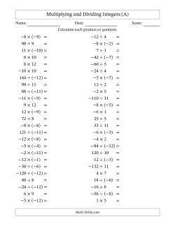 Multiplying and Dividing Mixed Integers from -12 to 12 (50 Questions)