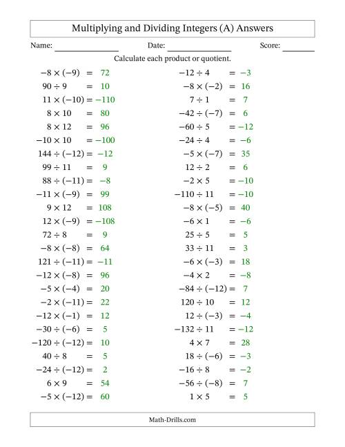 The Multiplying and Dividing Mixed Integers from -12 to 12 (50 Questions) (A) Math Worksheet Page 2