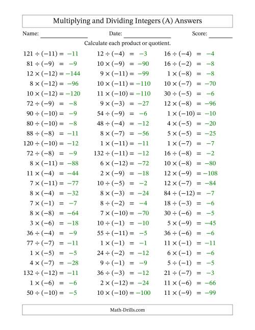 The Multiplying and Dividing Positive and Negative Integers from -12 to 12 (75 Questions) (A) Math Worksheet Page 2