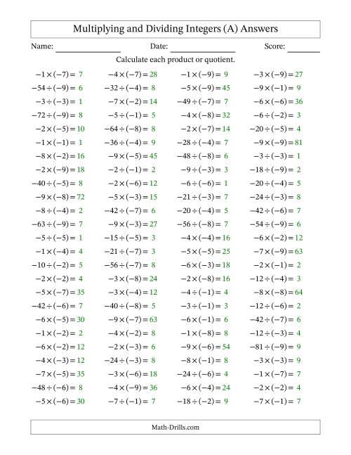 The Multiplying and Dividing Negative and Negative Integers from -9 to -1 (100 Questions) (A) Math Worksheet Page 2