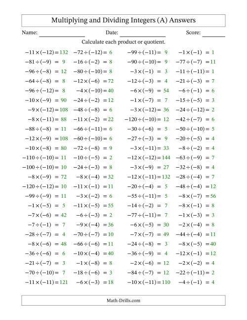 The Multiplying and Dividing Negative and Negative Integers from -12 to -1 (100 Questions) (A) Math Worksheet Page 2