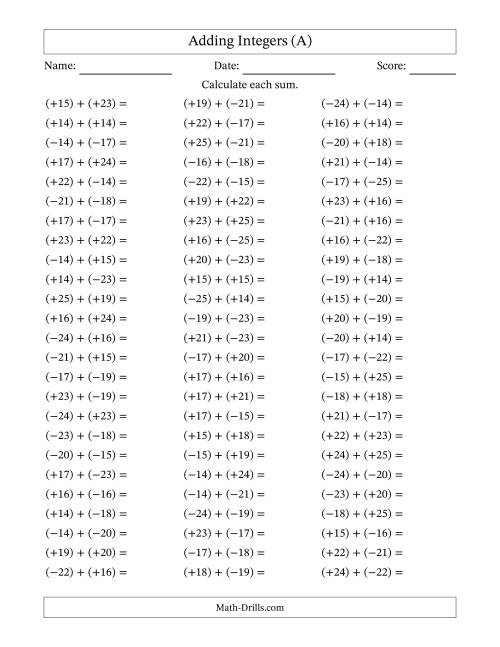 The Adding Mixed Integers from -25 to 25 (75 Questions; All Parentheses) (A) Math Worksheet