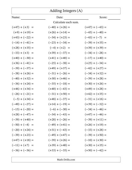 The Adding Mixed Integers from -50 to 50 (75 Questions; All Parentheses) (A) Math Worksheet