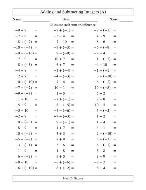 Integer Addition and Subtraction (Range -10 to 10) (A)