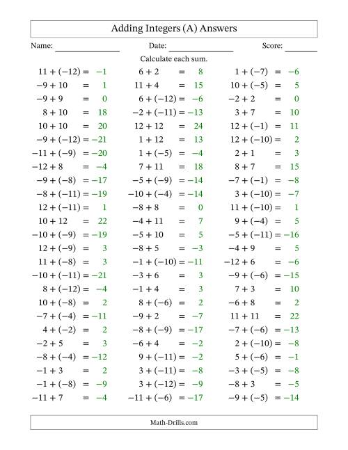 The Adding Mixed Integers from -12 to 12 (75 Questions) (A) Math Worksheet Page 2
